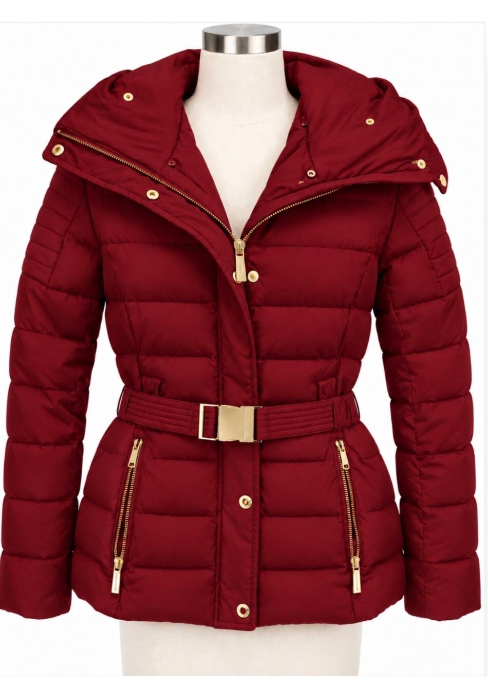 Michael Michael Kors Women's Cherry Red Down Feather Puffer Jacket Hooded Belted